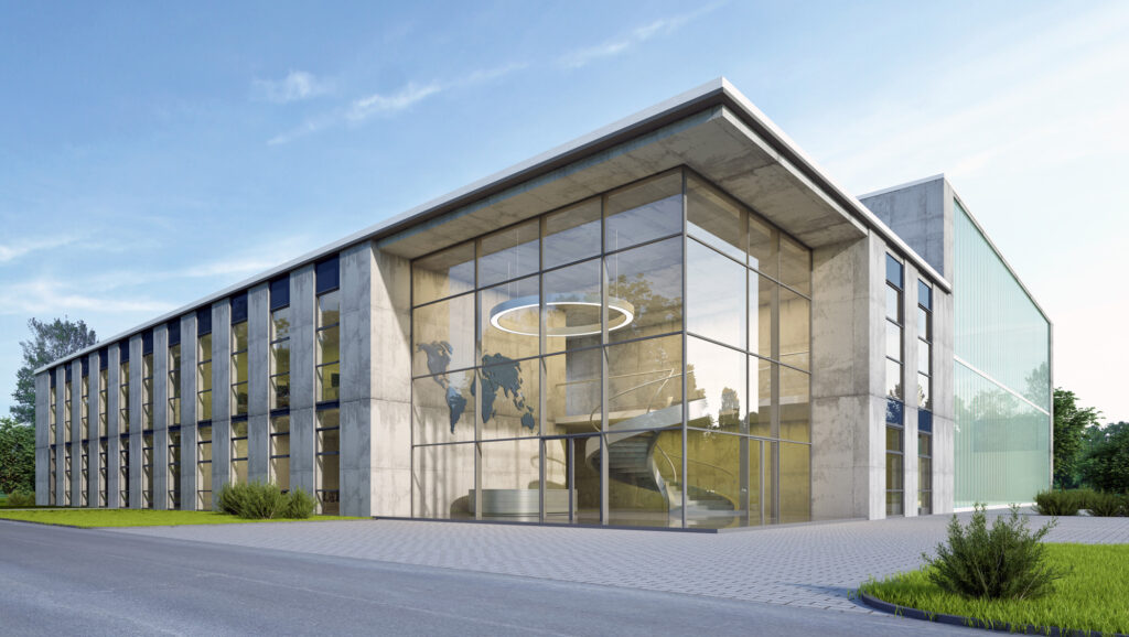 Modernes verglastes Gebäude mit Landkarte im Foyer